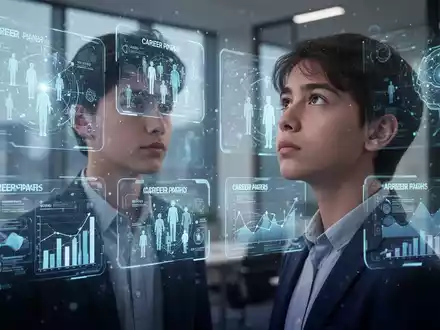 Eine junge Person betrachtet nachdenklich mehrere leuchtende holografische Bildschirme mit Karrierewegen und Daten. - Foto: über boerse-global.de