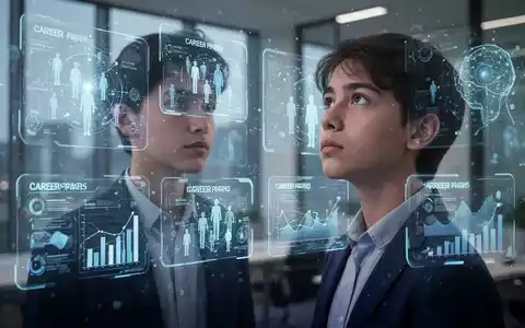 Eine junge Person betrachtet nachdenklich mehrere leuchtende holografische Bildschirme mit Karrierewegen und Daten. - Foto: über boerse-global.de