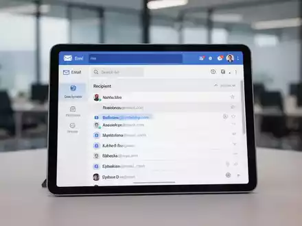A tablet screen displaying an email application's recipient list, showing multiple contacts and email addresses, set in a modern office. - Foto: über boerse-global.de