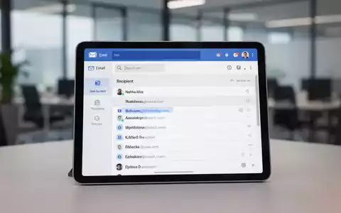 A tablet screen displaying an email application's recipient list, showing multiple contacts and email addresses, set in a modern office. - Foto: über boerse-global.de