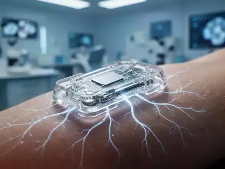 Ein futuristischer bioelektronischer Sensor auf menschlicher Haut mit leuchtenden neuronalen Mustern, im Hintergrund ein medizinisches Labor. - Foto: über boerse-global.de