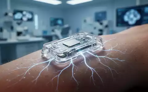 Ein futuristischer bioelektronischer Sensor auf menschlicher Haut mit leuchtenden neuronalen Mustern, im Hintergrund ein medizinisches Labor. - Foto: über boerse-global.de