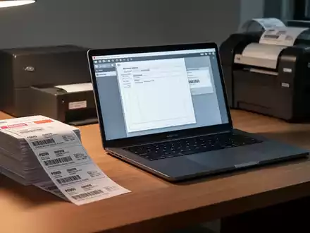 A desk with shipping labels, a laptop showing a document template, and a thermal label printer, symbolizing digital productivity tools. - Foto: über boerse-global.de