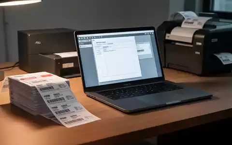 A desk with shipping labels, a laptop showing a document template, and a thermal label printer, symbolizing digital productivity tools. - Foto: über boerse-global.de