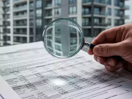 Eine Hand hält eine Lupe über ein Finanzdokument, im Hintergrund verschwimmt ein modernes Wohngebäude. Symbolisiert Steuerprüfung und Immobilien. - Foto: über boerse-global.de