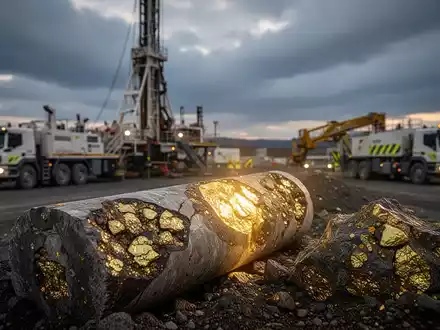 Nahaufnahme eines Uranerz-Bohrkerns mit einer modernen Bergbauerforschungsstätte im Hintergrund. - Foto: über boerse-global.de