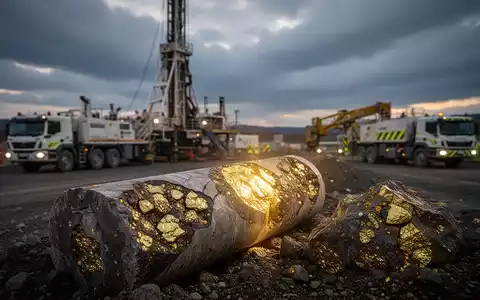 Nahaufnahme eines Uranerz-Bohrkerns mit einer modernen Bergbauerforschungsstätte im Hintergrund. - Foto: über boerse-global.de