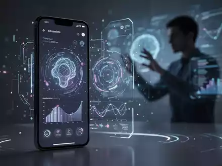 A futuristic smartphone displaying an AI companion app, with data visualizations and a blurred silhouette of a person in the background. - Foto: über boerse-global.de