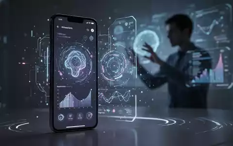A futuristic smartphone displaying an AI companion app, with data visualizations and a blurred silhouette of a person in the background. - Foto: über boerse-global.de