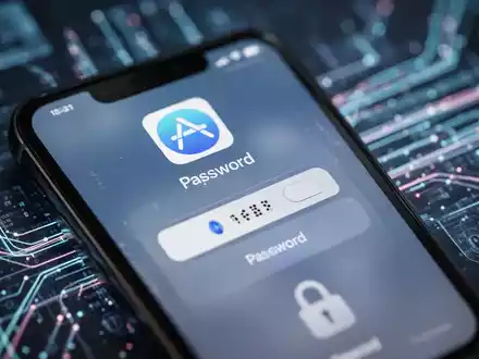 A close-up of an iPhone screen showing a password entry field in the App Store, surrounded by abstract digital security graphics. - Foto: über boerse-global.de