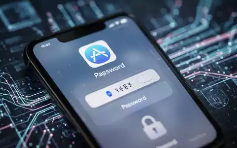 A close-up of an iPhone screen showing a password entry field in the App Store, surrounded by abstract digital security graphics. - Foto: über boerse-global.de