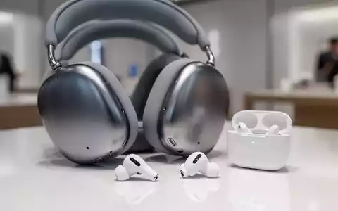 Apple AirPods Max headphones and AirPods Pro earbuds on a reflective surface, with a blurred retail background. - Foto: über boerse-global.de