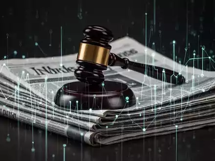 A stylized gavel rests on a stack of newspapers, partially obscured by glowing digital lines representing AI data. - Foto: über boerse-global.de