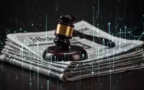 A stylized gavel rests on a stack of newspapers, partially obscured by glowing digital lines representing AI data. - Foto: über boerse-global.de