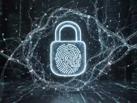 Ein stilisiertes, leuchtendes digitales Vorhängeschloss mit integrierten biometrischen Fingerabdrucklinien, umgeben von abstrakten Datenströmen und KI-Neuronalen Netzen. - Foto: über boerse-global.de
