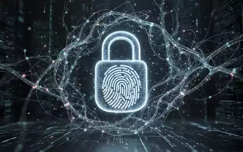 Ein stilisiertes, leuchtendes digitales Vorhängeschloss mit integrierten biometrischen Fingerabdrucklinien, umgeben von abstrakten Datenströmen und KI-Neuronalen Netzen. - Foto: über boerse-global.de