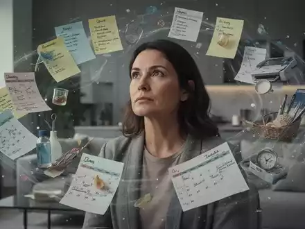 Eine Frau mit nachdenklichem Blick, umgeben von angedeuteten Symbolen des täglichen Organisationsaufwands in einem modernen Zuhause. - Foto: über boerse-global.de