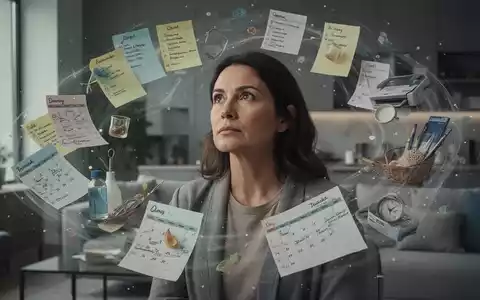Eine Frau mit nachdenklichem Blick, umgeben von angedeuteten Symbolen des täglichen Organisationsaufwands in einem modernen Zuhause. - Foto: über boerse-global.de