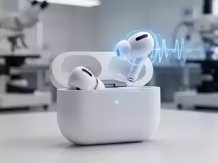 Close-up of Apple AirPods Pro 3 in their charging case, with a subtle blue light pulse from an earbud. - Foto: über boerse-global.de