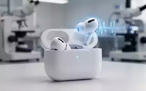 Close-up of Apple AirPods Pro 3 in their charging case, with a subtle blue light pulse from an earbud. - Foto: über boerse-global.de