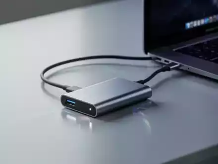 Eine externe SSD, die über ein USB-C-Kabel mit einem dünnen Laptop verbunden ist, auf einem minimalistischen Schreibtisch. - Foto: über boerse-global.de