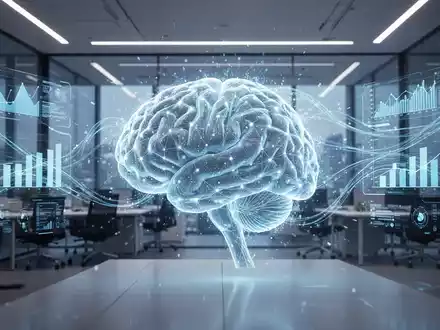 A glowing digital brain representing AI, surrounded by data streams and holographic charts in a modern office. - Foto: über boerse-global.de