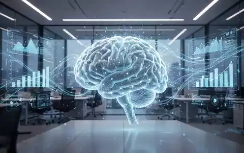 A glowing digital brain representing AI, surrounded by data streams and holographic charts in a modern office. - Foto: über boerse-global.de
