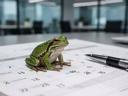 Ein kleiner grüner Frosch sitzt auf einem wichtigen Dokument oder Kalenderblatt, daneben ein Stift, in einem Büroambiente. - Foto: über boerse-global.de