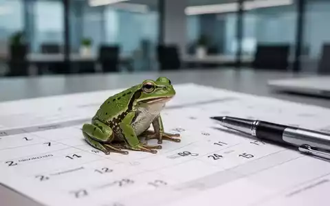 Ein kleiner grüner Frosch sitzt auf einem wichtigen Dokument oder Kalenderblatt, daneben ein Stift, in einem Büroambiente. - Foto: über boerse-global.de
