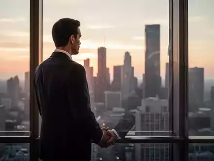 Ein Geschäftsmann im Anzug steht nachdenklich vor einem großen Fenster und blickt auf eine Stadtlandschaft bei Sonnenaufgang oder Sonnenuntergang. - Foto: über boerse-global.de
