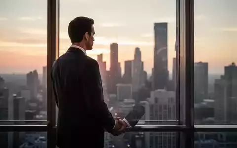 Ein Geschäftsmann im Anzug steht nachdenklich vor einem großen Fenster und blickt auf eine Stadtlandschaft bei Sonnenaufgang oder Sonnenuntergang. - Foto: über boerse-global.de