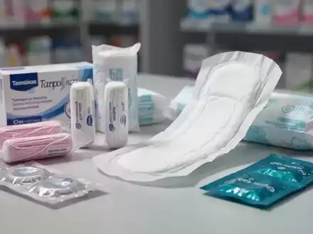 Nahaufnahme verschiedener Hygieneprodukte wie Tampons, Binden und Kondome, die auf einer sauberen Oberfläche angeordnet sind. - Foto: über boerse-global.de