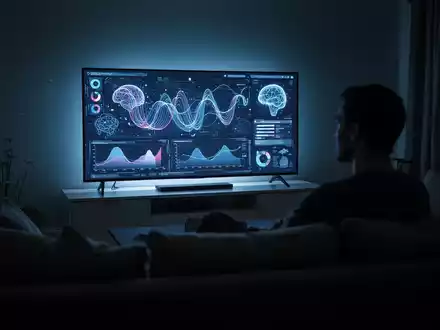 A person's silhouette in a dimly lit living room, illuminated by the glow of a smart TV screen displaying abstract data. - Foto: über boerse-global.de