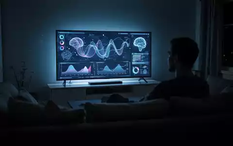 A person's silhouette in a dimly lit living room, illuminated by the glow of a smart TV screen displaying abstract data. - Foto: über boerse-global.de