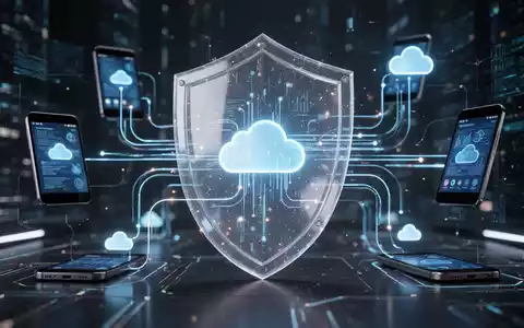Abstract representation of secure mobile device management, with glowing lines connecting devices to a cloud, protected by a shield. - Foto: über boerse-global.de