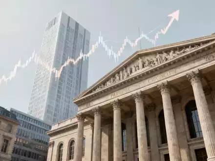 Eine stilisierte Darstellung der Pariser und Frankfurter Börsengebäude mit einem subtilen Börsenkurs im Hintergrund. - Foto: über boerse-global.de