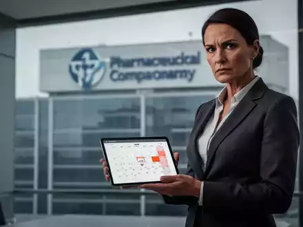 Eine strenge Finanzreguliererin blickt auf ein Tablet mit einem Junidatum, im Hintergrund ein Pharmaunternehmen. Die Szene symbolisiert eine BaFin-Frist. - Foto: über boerse-global.de