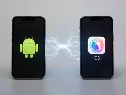 Zwei Smartphones, eines mit Android-Logo, eines mit iOS-Logo, die drahtlos Daten über digitale Verbindungen austauschen. - Foto: über boerse-global.de