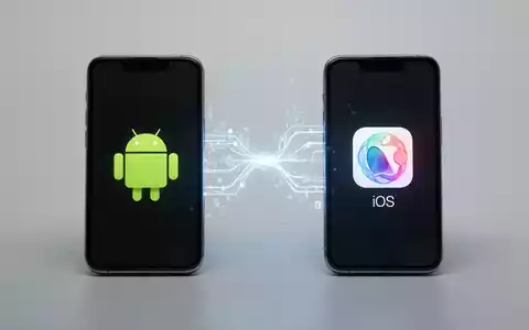 Zwei Smartphones, eines mit Android-Logo, eines mit iOS-Logo, die drahtlos Daten über digitale Verbindungen austauschen. - Foto: über boerse-global.de