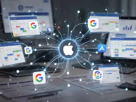 Abstract visualization of interconnected digital calendars, with glowing lines linking icons representing Google, Apple, and other synchronization services. - Foto: über boerse-global.de