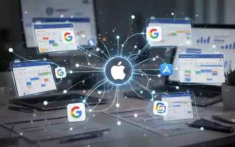 Abstract visualization of interconnected digital calendars, with glowing lines linking icons representing Google, Apple, and other synchronization services. - Foto: über boerse-global.de