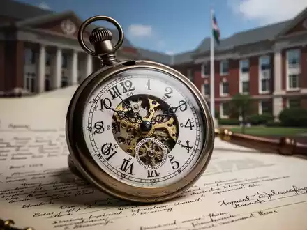 Nahaufnahme einer mechanischen Uhr oder Stoppuhr mit unscharfen juristischen Dokumenten und Universitätsgebäuden im Hintergrund. - Foto: über boerse-global.de