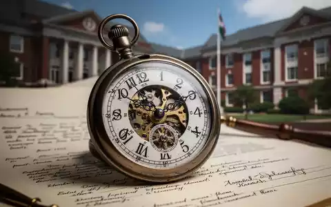 Nahaufnahme einer mechanischen Uhr oder Stoppuhr mit unscharfen juristischen Dokumenten und Universitätsgebäuden im Hintergrund. - Foto: über boerse-global.de