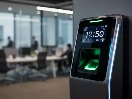 Nahaufnahme einer modernen elektronischen Zeiterfassungsuhr oder eines Fingerabdruckscanners in einem Büro, symbolisiert die neue Arbeitszeitgesetzgebung. - Foto: über boerse-global.de