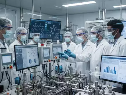 Sicherheitsexperten in Schutzkleidung überwachen Luftqualität und Maschinen in einem Labor, mit Daten zu chemischen Grenzwerten auf Bildschirmen. - Foto: über boerse-global.de
