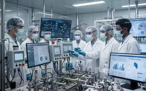 Sicherheitsexperten in Schutzkleidung überwachen Luftqualität und Maschinen in einem Labor, mit Daten zu chemischen Grenzwerten auf Bildschirmen. - Foto: über boerse-global.de