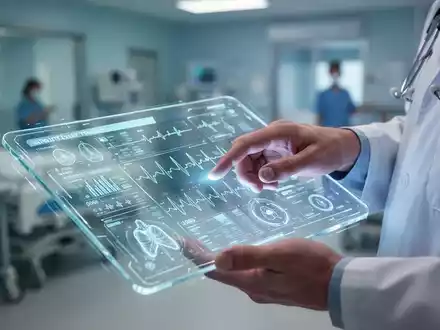 Nahaufnahme der Hand eines Mediziners, die mit einem transparenten Tablet mit medizinischen Daten in einer Krankenhausumgebung interagiert. - Foto: über boerse-global.de