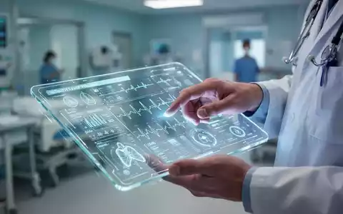 Nahaufnahme der Hand eines Mediziners, die mit einem transparenten Tablet mit medizinischen Daten in einer Krankenhausumgebung interagiert. - Foto: über boerse-global.de