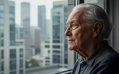 Eine nachdenkliche ältere Person blickt aus einem Fenster, mit einer unscharfen modernen Stadtlandschaft im Hintergrund. - Foto: über boerse-global.de