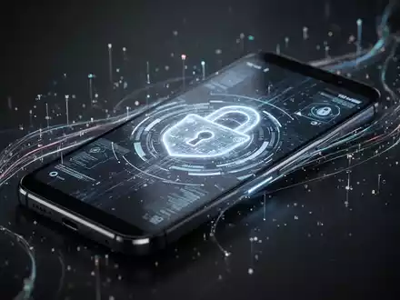 A futuristic Android smartphone showing a digital security interface with glowing lines and data points, representing advanced protection. - Foto: über boerse-global.de